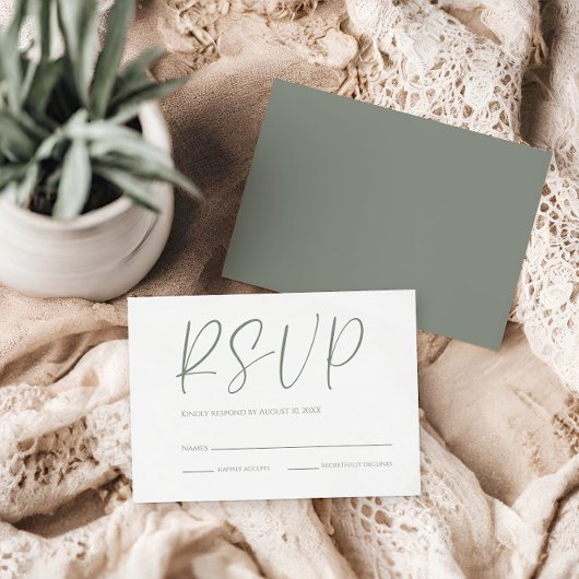 Modern wit & salie groen bruiloft RSVP