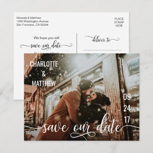 Modern Wit Script Bruiloft SAVE ONZE DATUM w / FOT Aankondigingskaart (Voorkant / Achterkant)