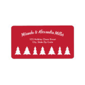 Modern wit script met kerstbomen op rood etiket (Voorkant)