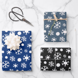 Modern Wit Sneeuwvlokken Blauw en Zwart Kerstmis Inpakpapier Vel