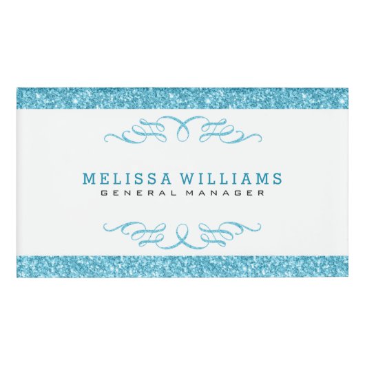 Modern wit & Turquoise Glitter & Swirls Design Naambadge (Voorkant)
