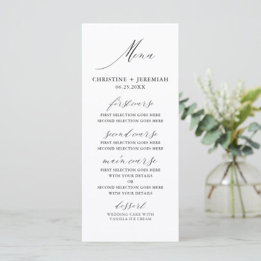 Modern Wit Zwart Elegant Script Bruiloft Menu (Staand voorkant)