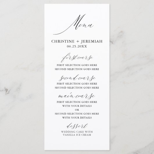 Modern Wit Zwart Elegant Script Bruiloft Menu (Voorkant)