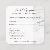 Modern wit zwart marmeren script aanbevelingskaartje (Achterkant)