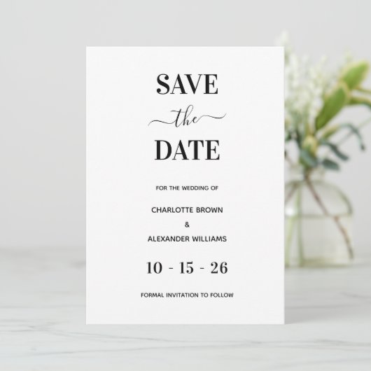 Modern Wit & Zwart Minimaal Save The Date (Staand voorkant)