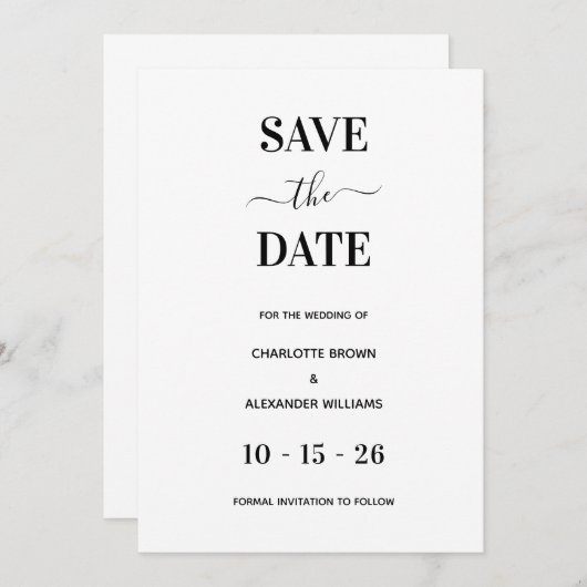 Modern Wit & Zwart Minimaal Save The Date (Voorkant / Achterkant)