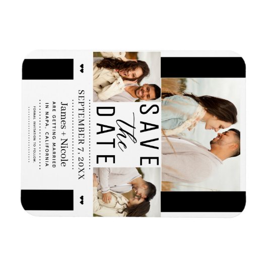 Modern Wit Zwart Save the Date 3 Foto Bruiloft Magneet (Horizontaal)