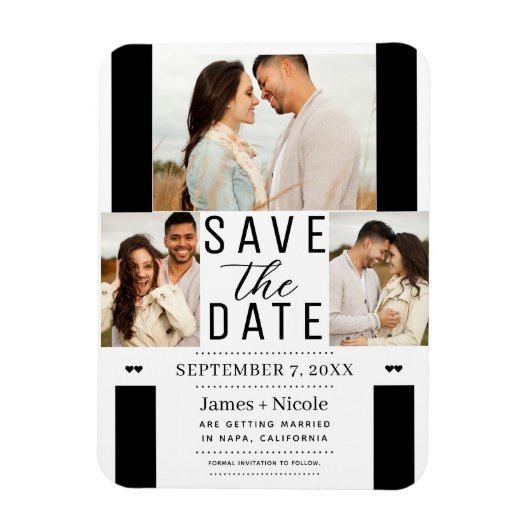 Modern Wit Zwart Save the Date 3 Foto Bruiloft Magneet (Verticaal)