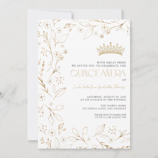 Modern witgouden Roos Floral Tiara Quinceañera Kaart (Voorkant)