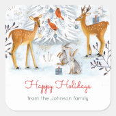 Modern Woodland Blue en White Deer Kerstmis Vierkante Sticker (Voorkant)