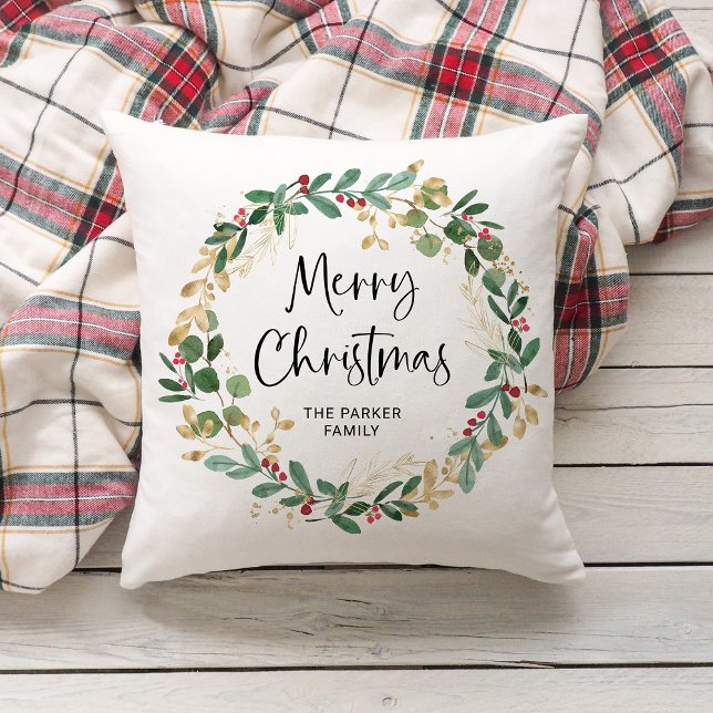 Modern Wreath en script | Vrolijk kerstfeest Kussen (Creator heeft geüpload)