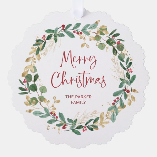 Modern Wreath en script | Vrolijk kerstfeest Ornament Kaart (Voorkant)