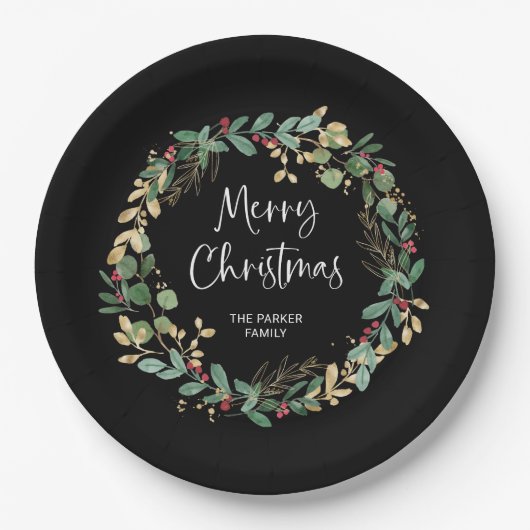 Modern Wreath en script | Vrolijk kerstfeest Papieren Bordje (Voorkant)