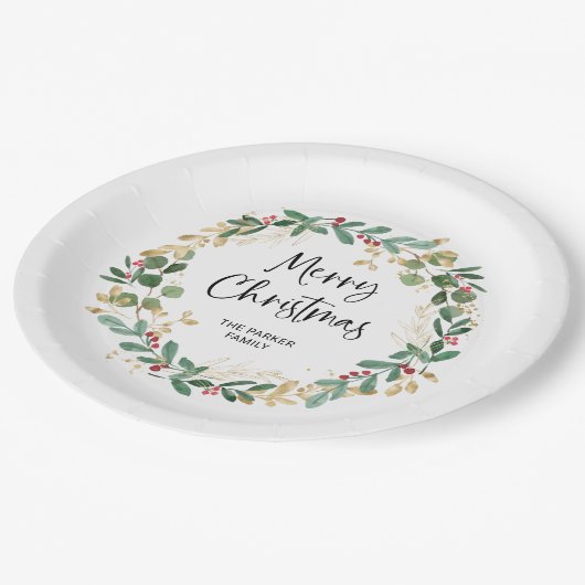 Modern Wreath en script | Vrolijk kerstfeest Papieren Bordje (Gekanteld)