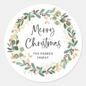 Modern Wreath en script | Vrolijk kerstfeest Ronde Sticker (Voorkant)