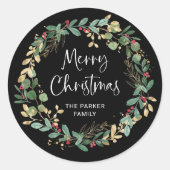 Modern Wreath en script | Vrolijk kerstfeest Ronde Sticker (Voorkant)