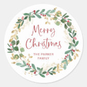 Modern Wreath en script | Vrolijk kerstfeest Ronde Sticker (Voorkant)