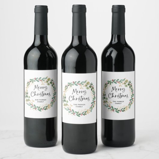 Modern Wreath en script | Vrolijk kerstfeest Wijn Etiket (Flessen)