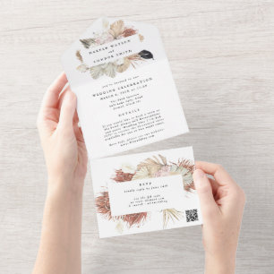Modern Wreath Pampas Grass QR CODE Wedding All In One Uitnodiging