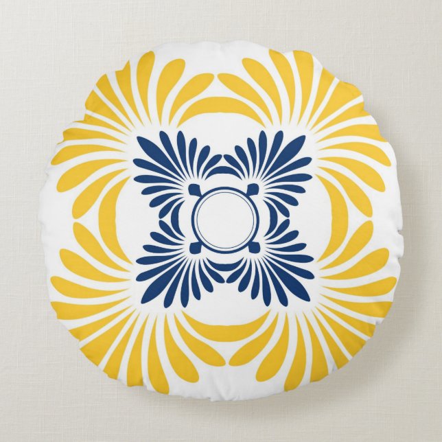 Modern Yellow Blue Floral Pattern Rond Kussen (Voorkant)