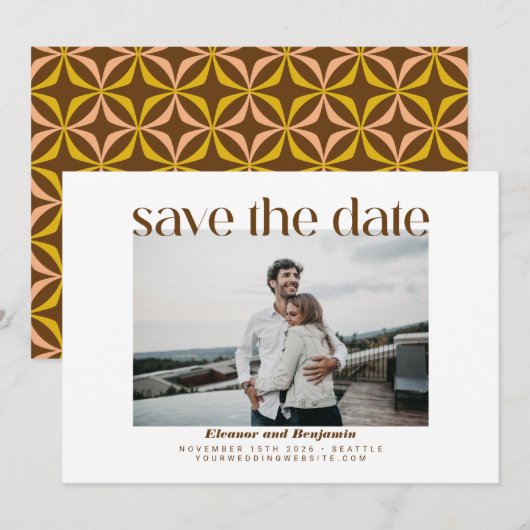 Modern Yellow Brown Retro Typografie Weduwfoto Save The Date (Voorkant / Achterkant)