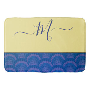Modern Yellow Coastal Blue Seashell Monogram Bath Badmat