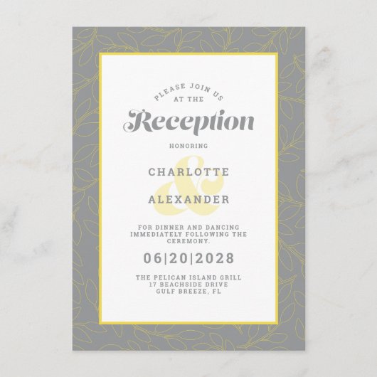 Modern Yellow & Gray Wedding Reception Pattern Informatiekaartje (Voorkant)