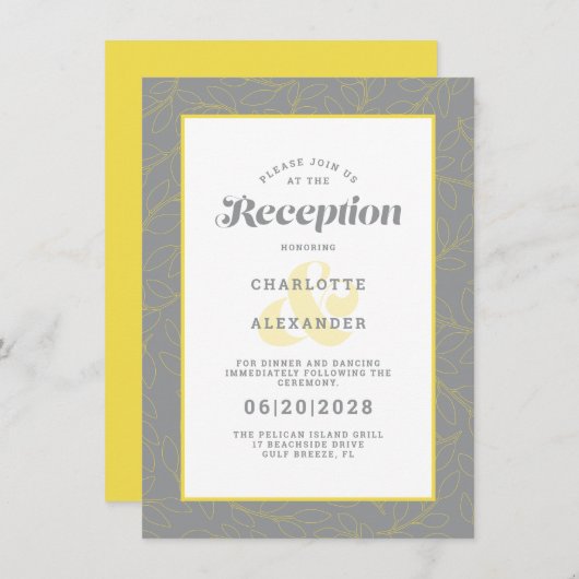 Modern Yellow & Gray Wedding Reception Pattern Informatiekaartje (Voorkant / Achterkant)