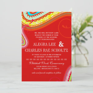 Modern Yellow Oranje Aqua Mint Red Paisley Wedding Kaart