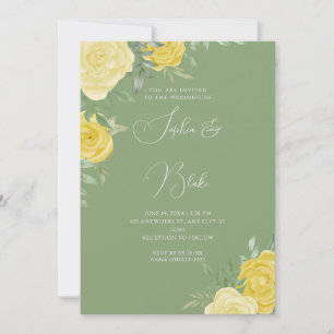 Modern Yellow Roses Elegant Green Wedding Kaart