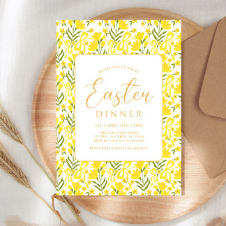 Modern Yellow Spring Floral Bow Easter Dinner Kaart