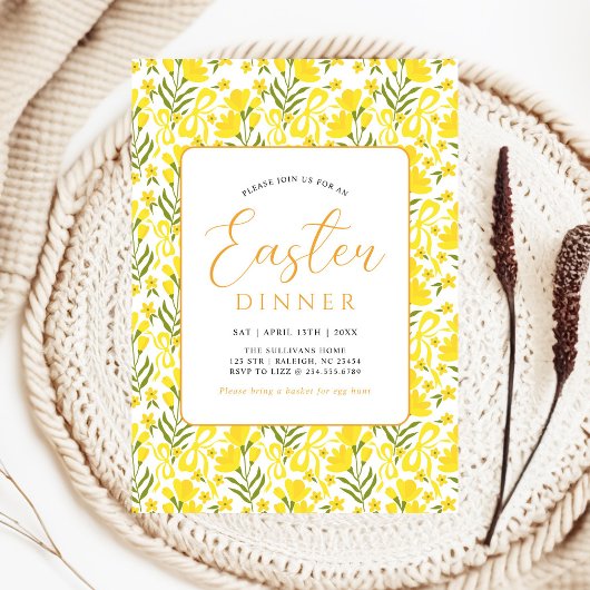 Modern Yellow Spring Floral Bow Easter Dinner Kaart