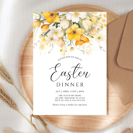 Modern Yellow Spring Floral Easter Dinner Kaart