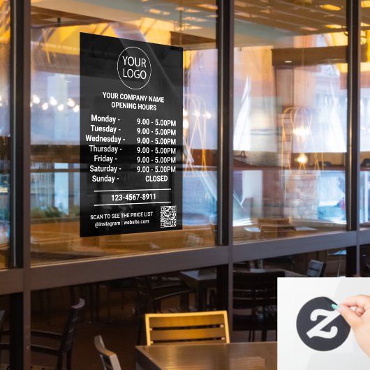 Modern Zakelijk Openingstijden Logo Qr Code Zwart Raamsticker (Restaurant Raam)