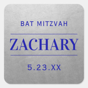 Modern Zilver & Blauw Mitzvah Verjaardag Naam Favo Vierkante Sticker