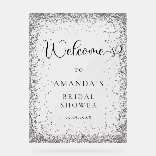 Modern, Zilver, Glitter Welkom Acryl Bord (Voorkant)