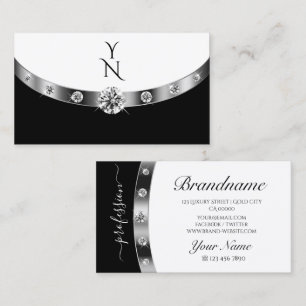 Modern Zilver Zwart Wit met Monogram Diamanten Visitekaartje