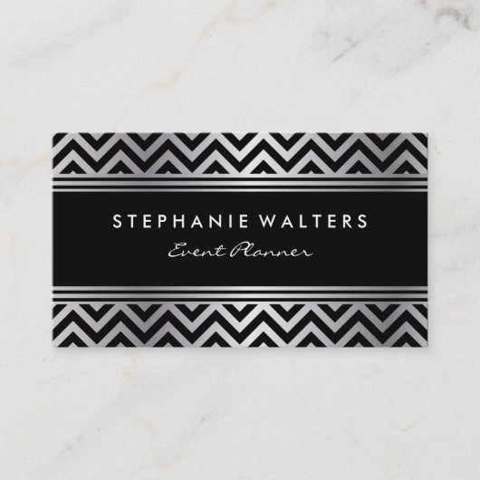Modern Zilveren Chevron en Zwart Visitekaartje (Voorkant)