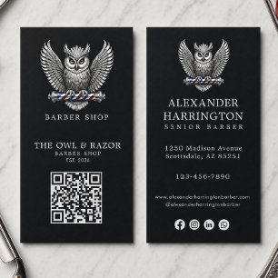 Modern Zilveren Uil Kapperszaak Logo Qr Code Visitekaartje
