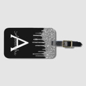 Modern zilveren zwart Glitter Sparkle Monogram Bagagelabel (Voorkant (horizontaal))