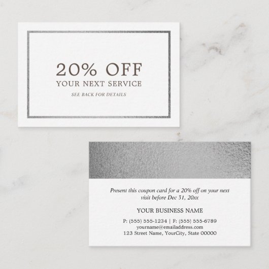 Modern zilverfolie - kortingsbon kortingskaartje (Voorkant / Achterkant)