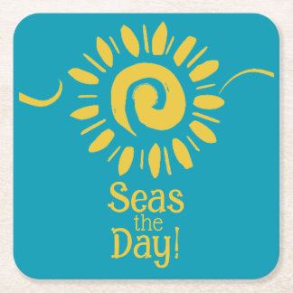 Modern Zonneblauw Geel Strandhuis Zeeen Day Set Vierkante Kartonnen Onderzetter