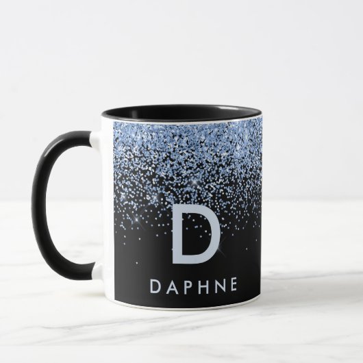 Modern zwart-blauw glitter initiaal monogram mok (Links)