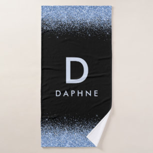 Modern zwart-blauw glitter initiaal monogram mok bad handdoek