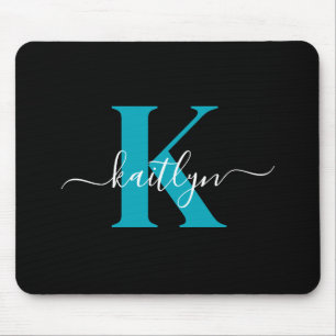 Modern zwart Blauwgroen script Monogram Muismat