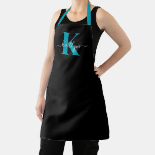 Modern zwart Blauwgroen script Monogram Schort