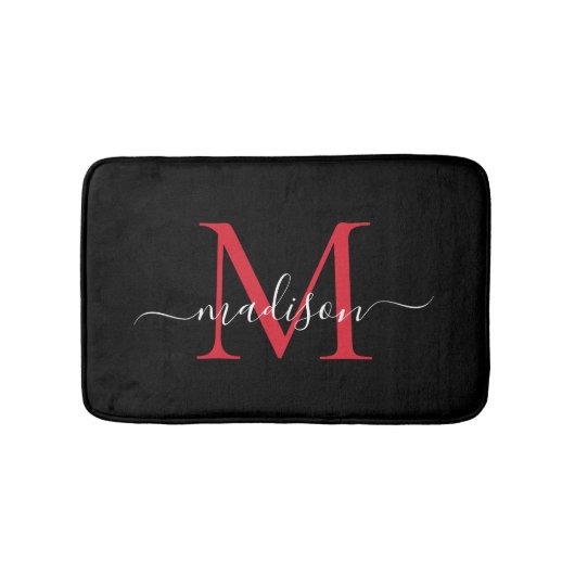 Modern zwart bordeauxrood monogram script elegant badmat (Voorkant)