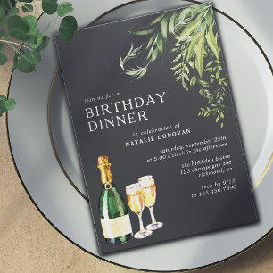 Modern zwart   Champagne groen Verjaardagsdiner Kaart