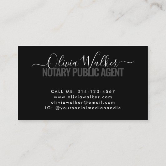 Modern Zwart Chic Signature Notaris Public Agent Visitekaartje (Achterkant)