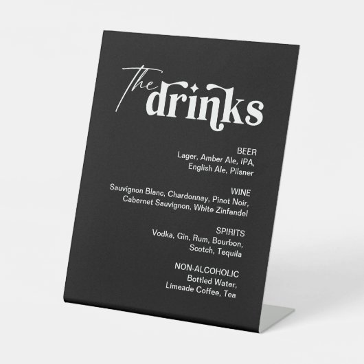 Modern Zwart Drink Menu Bruiloft Bar Reclamebord Met Voetstuk (Voorkant)